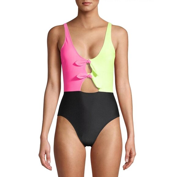 No Boundaries Juniors' Neon Colorblock One-Piece Swimsuit - Size M (7/9) - Picture 1 of 8